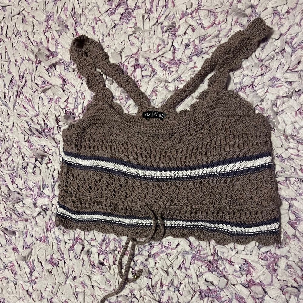 Say What? Large Brown White Crochet Tank Top